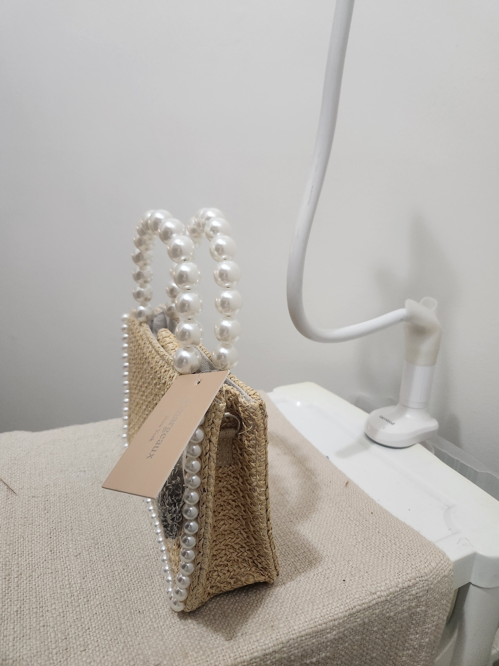 Pearl-Trim Straw Tote Bag in Cream! - Picture 2 of 8